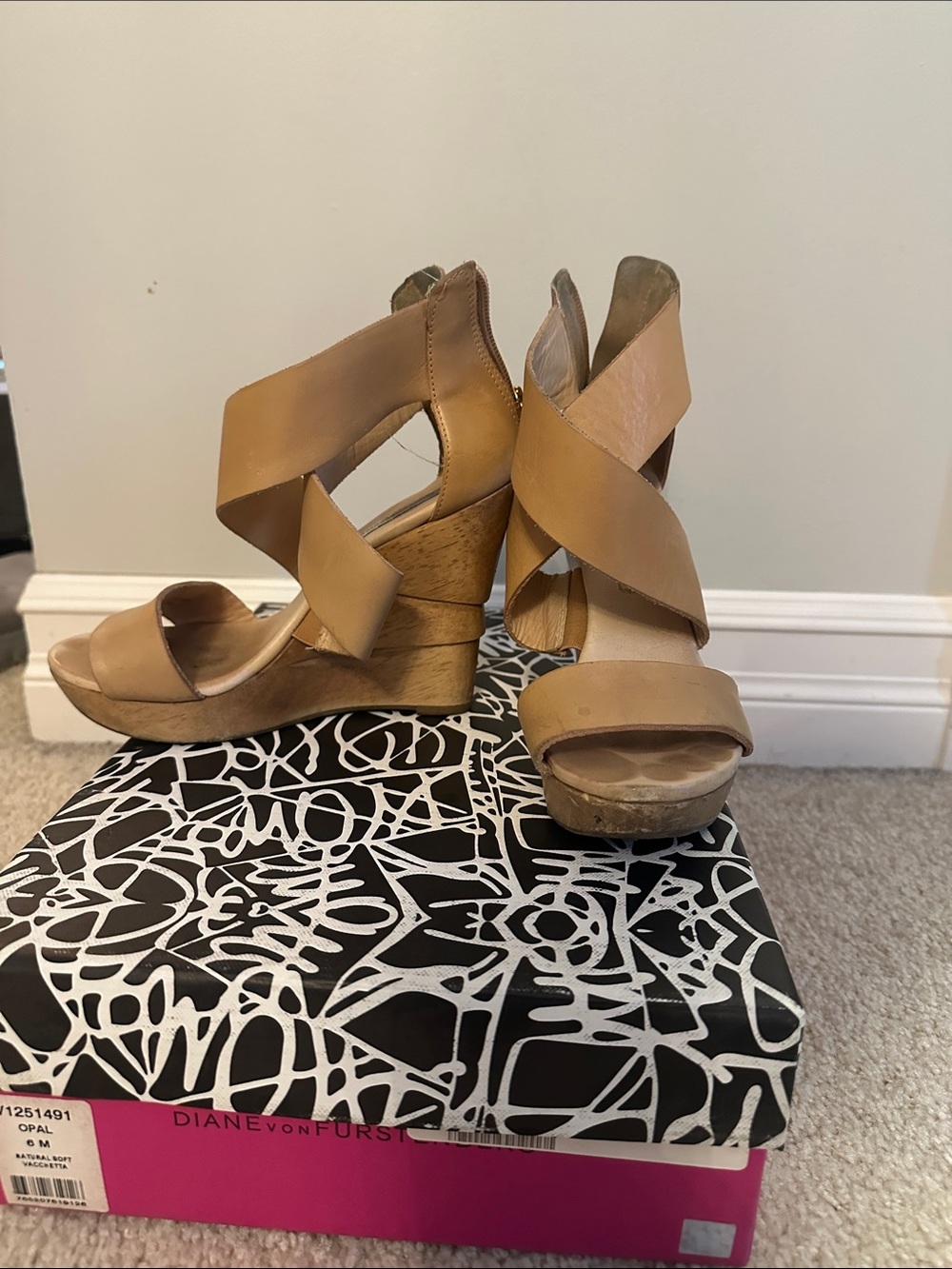 Diane Von Furstenberg Opal Leather Crisscross Wedge Sandals with Wooden  Heel